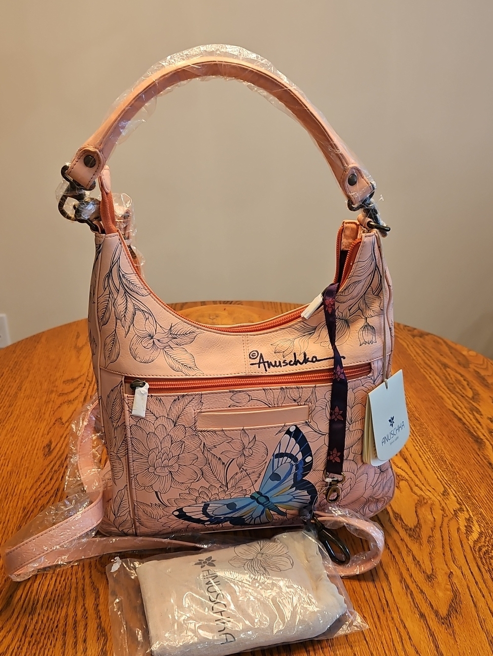 Anuschka Pink Hand-Painted Leather Butterfly Shoulder Bag